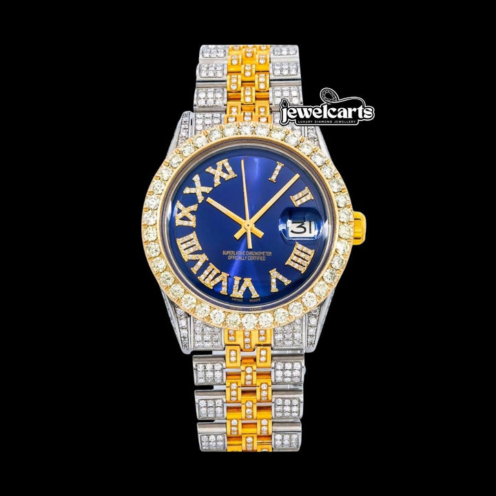 Rolex Datejust Blue Roman Diamond Dial Two Tone Yellow Gold Full Iced Out Jubilee Bracelet Moissanite Watch Front View