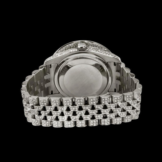 Rolex Datejust Brown Dial Diamond Ramon Numerals Fully Iced Out Jubilee Bracelet Moissanite Watch Caseback View