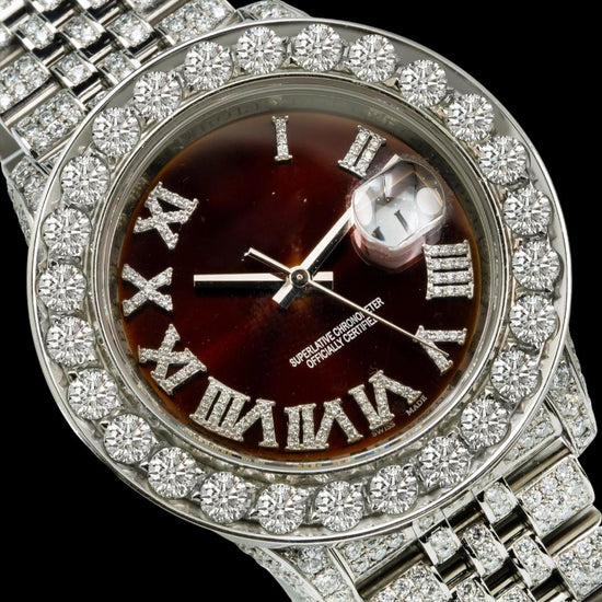 Rolex Datejust Brown Dial Diamond Ramon Numerals Fully Iced Out Jubilee Bracelet Moissanite Watch Close Up Dial View