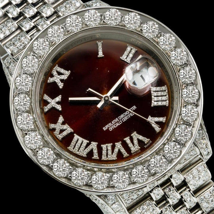 Rolex Datejust Brown Dial Diamond Ramon Numerals Fully Iced Out Jubilee Bracelet Moissanite Watch Close Up Dial View