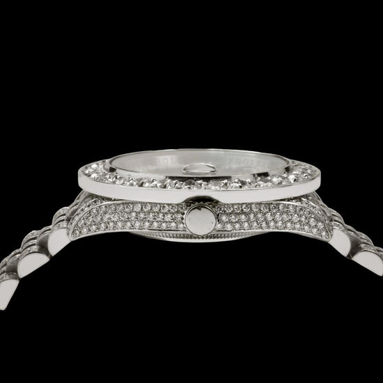 Rolex Datejust Brown Dial Diamond Ramon Numerals Fully Iced Out Jubilee Bracelet Moissanite Watch Crown View