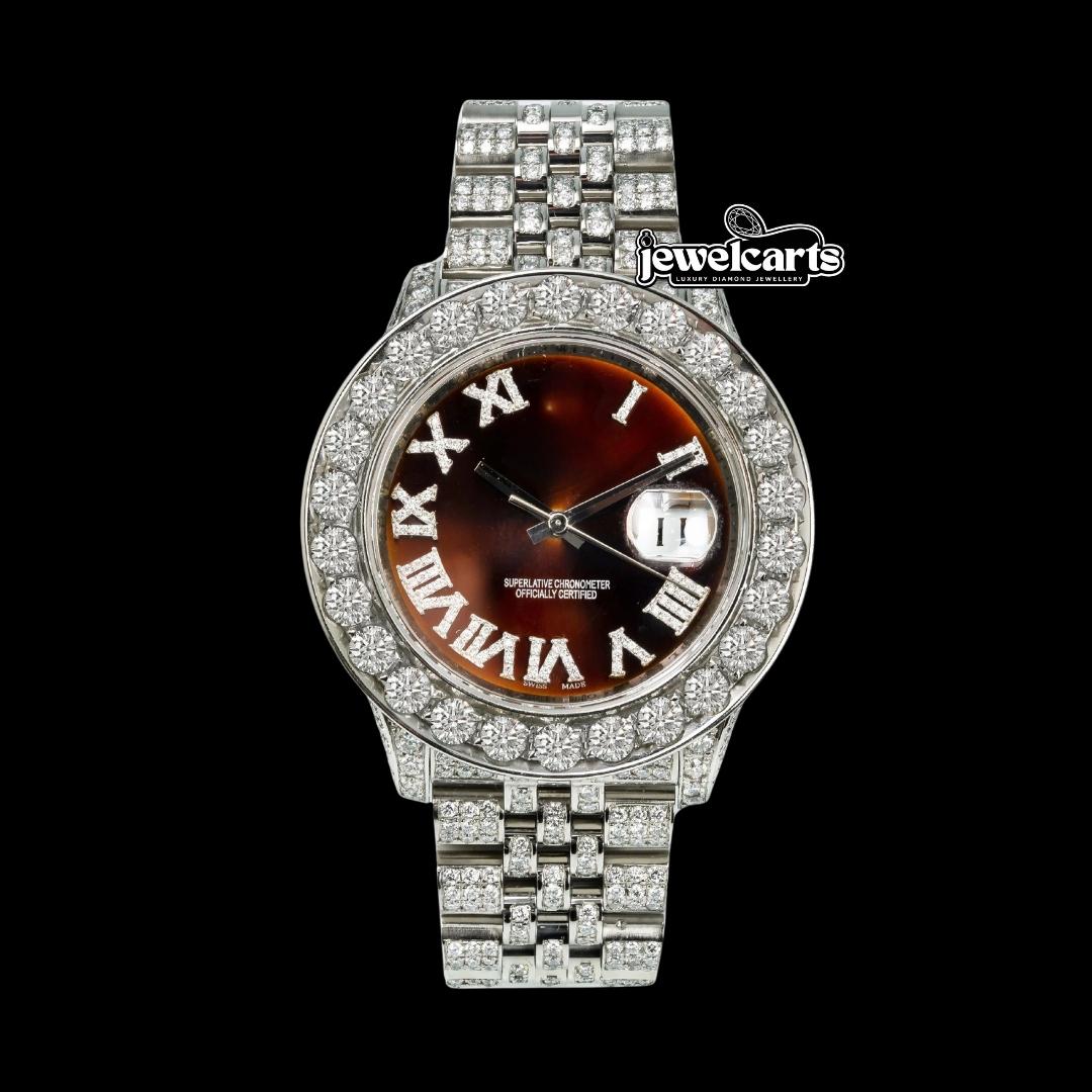 Rolex Datejust Brown Dial Diamond Ramon Numerals Fully Iced Out Jubilee Bracelet Moissanite Watch Front View