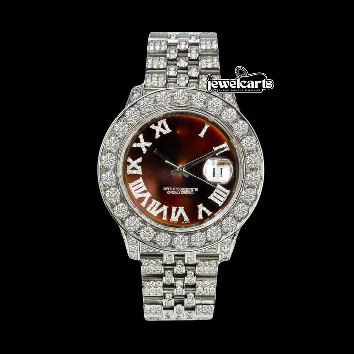 Rolex Datejust Brown Dial Diamond Ramon Numerals Fully Iced Out Jubilee Bracelet Moissanite Watch Front View