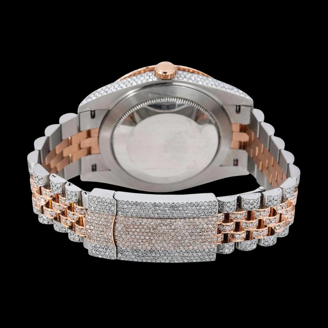 Rolex Datejust Brown Dial White Stick Markers Rose Gold Two Tone Iced Out Jubilee Bracelet Moissanite Watch Caseback View