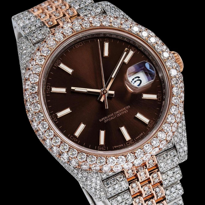 Rolex Datejust Brown Dial White Stick Markers Rose Gold Two Tone Iced Out Jubilee Bracelet Moissanite Watch Close Up Dial View
