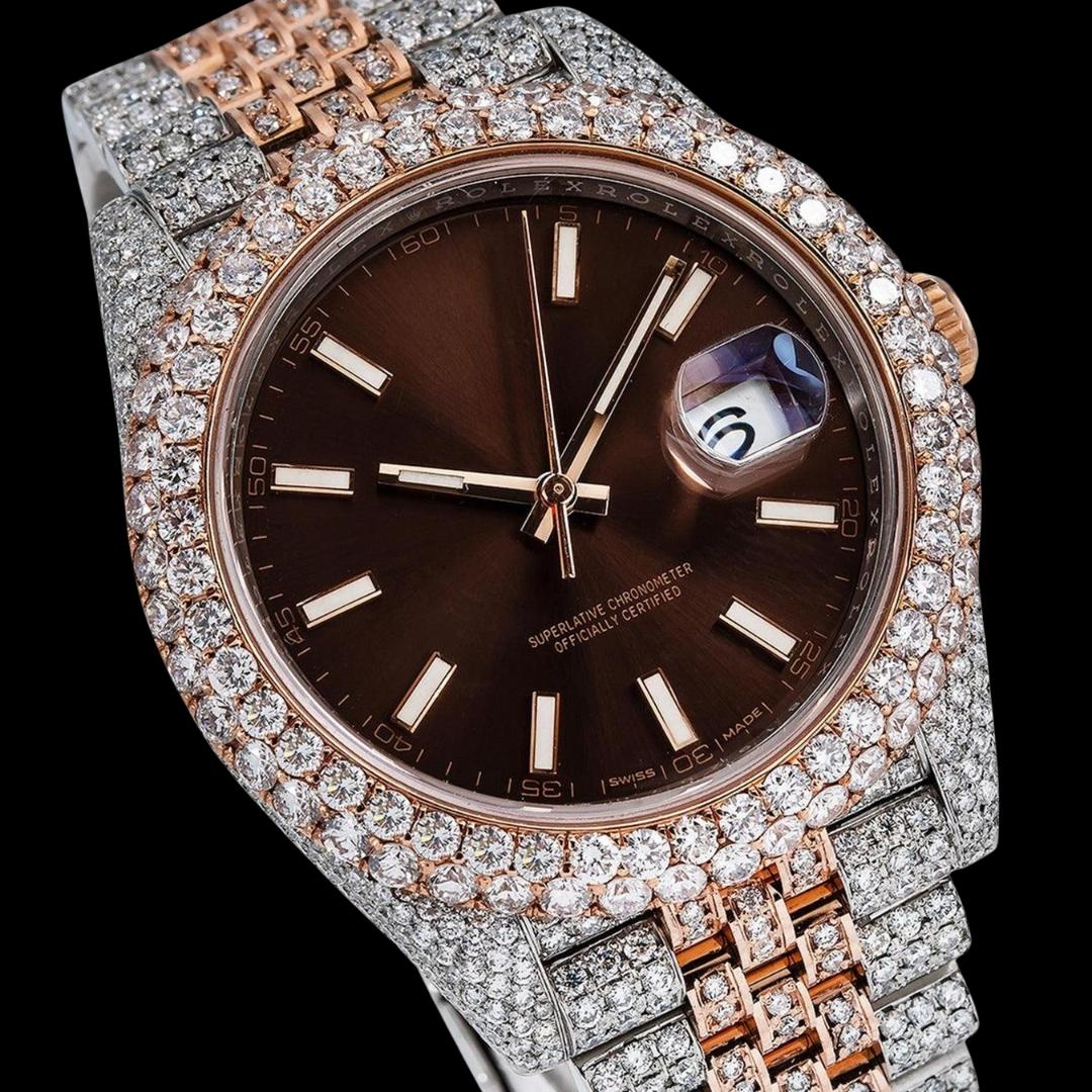 Rolex Datejust Brown Dial White Stick Markers Rose Gold Two Tone Iced Out Jubilee Bracelet Moissanite Watch Close Up Dial View