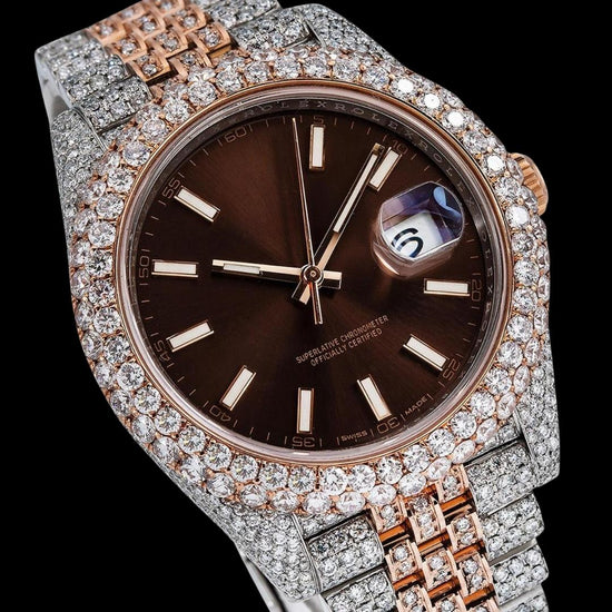 Rolex Datejust Brown Dial White Stick Markers Rose Gold Two Tone Iced Out Jubilee Bracelet Moissanite Watch Close Up Dial View