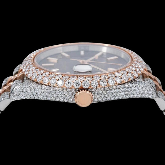 Rolex Datejust Brown Dial White Stick Markers Rose Gold Two Tone Iced Out Jubilee Bracelet Moissanite Watch Crown View
