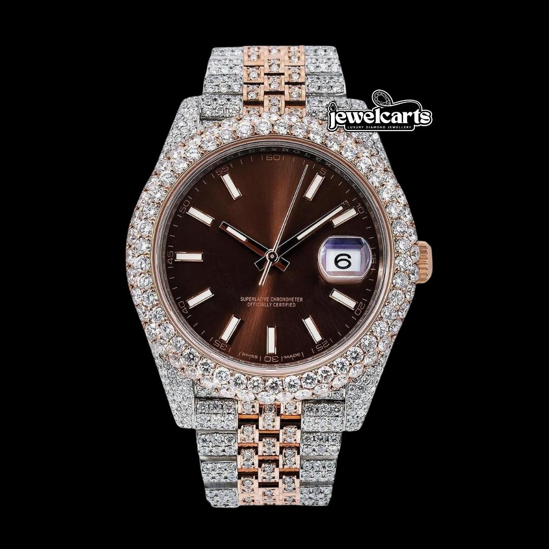 Rolex Datejust Brown Dial White Stick Markers Rose Gold Two Tone Iced Out Jubilee Bracelet Moissanite Watch Front View
