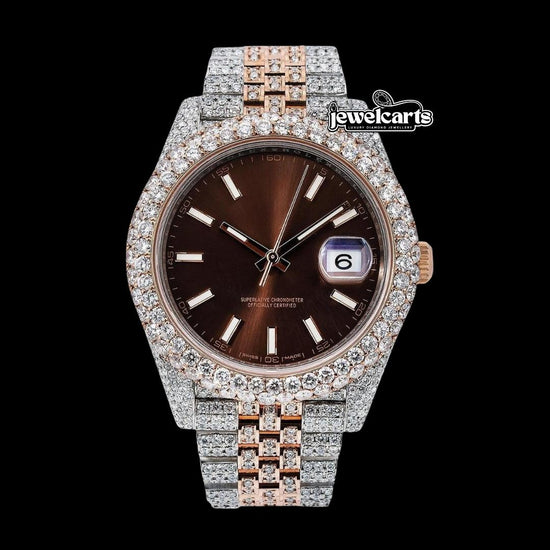 Rolex Datejust Brown Dial White Stick Markers Rose Gold Two Tone Iced Out Jubilee Bracelet Moissanite Watch Front View