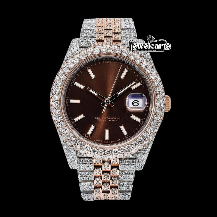 Rolex Datejust Brown Dial White Stick Markers Rose Gold Two Tone Iced Out Jubilee Bracelet Moissanite Watch Front View