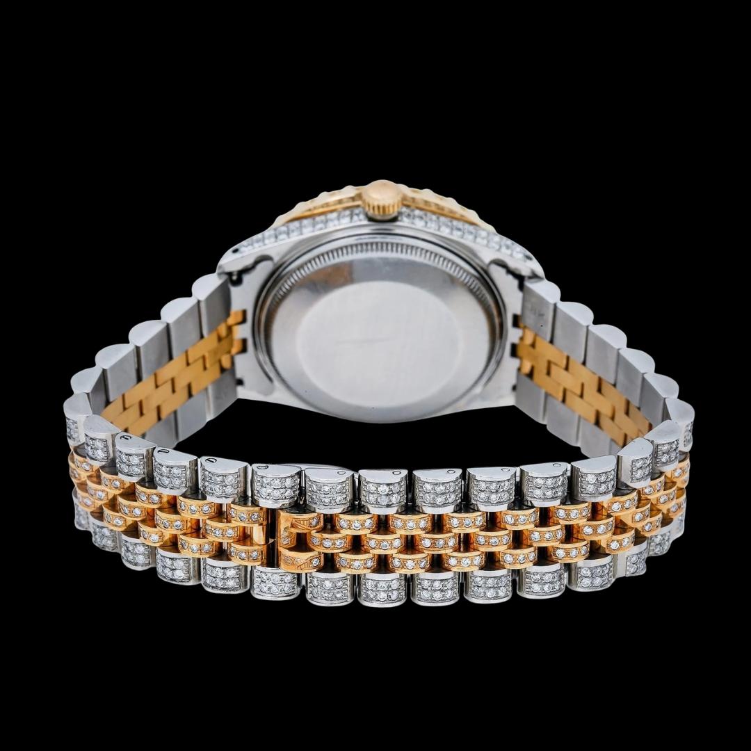 Rolex Datejust Brown Sunburst Roman Dial Two Tone Yellow Gold Jubilee Bracelet Iced Out Moissanite Watch Caseback View