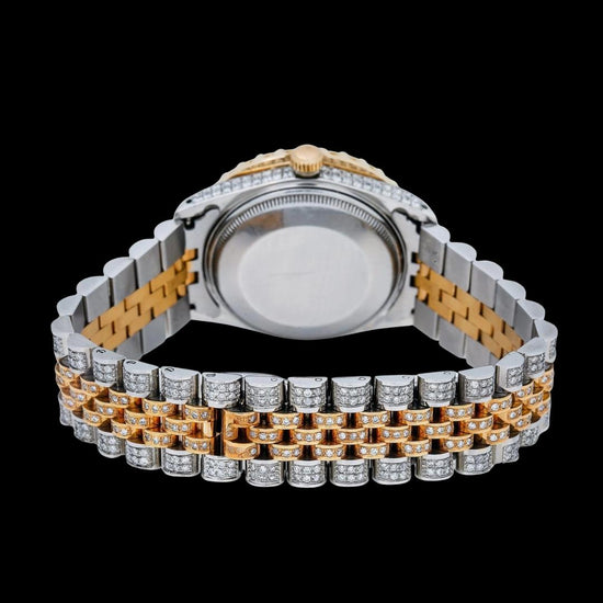 Rolex Datejust Brown Sunburst Roman Dial Two Tone Yellow Gold Jubilee Bracelet Iced Out Moissanite Watch Caseback View