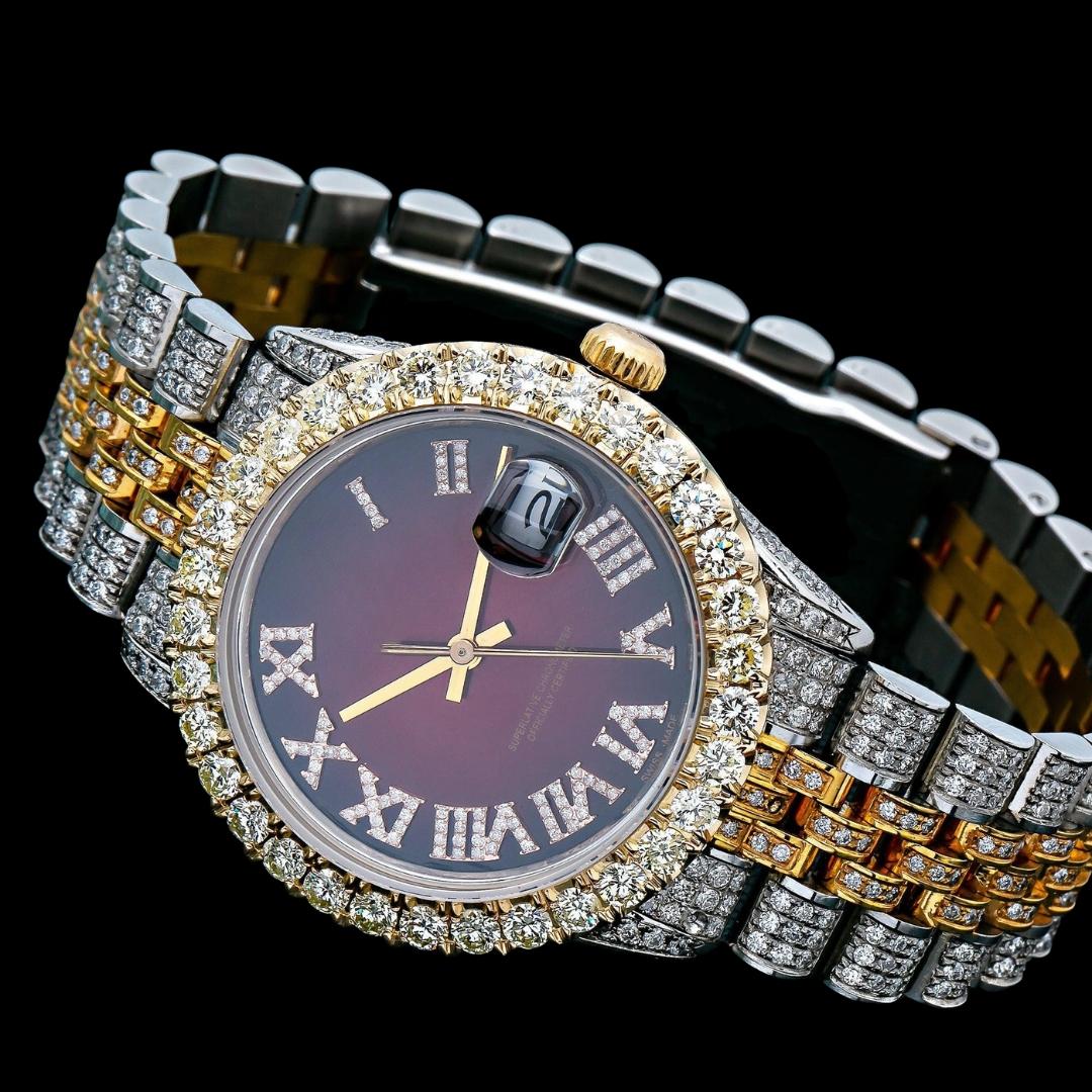 Rolex Datejust Brown Sunburst Roman Dial Two Tone Yellow Gold Jubilee Bracelet Iced Out Moissanite Watch Close Up Front View