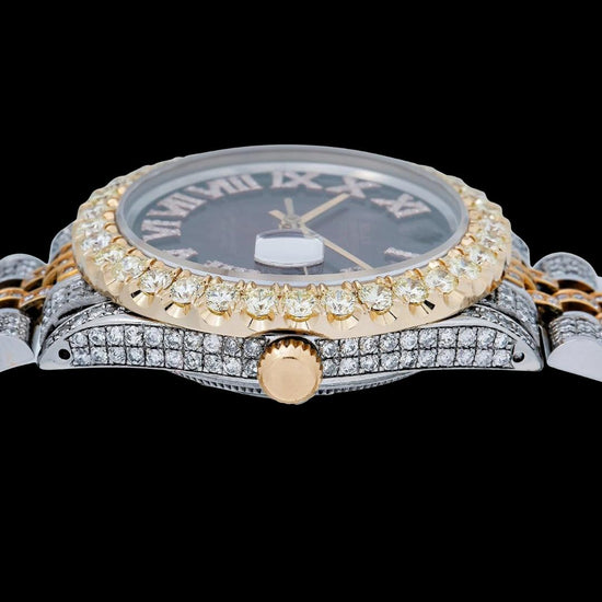 Rolex Datejust Brown Sunburst Roman Dial Two Tone Yellow Gold Jubilee Bracelet Iced Out Moissanite Watch Crown View