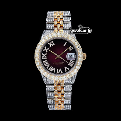 Rolex Datejust Brown Sunburst Roman Dial Two Tone Yellow Gold Jubilee Bracelet Iced Out Moissanite Watch