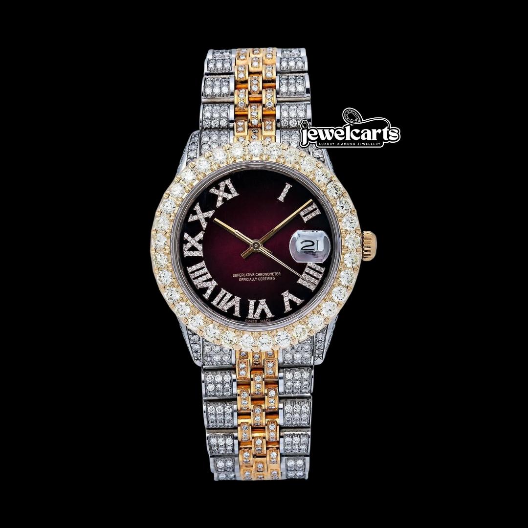 Rolex Datejust Brown Sunburst Roman Dial Two Tone Yellow Gold Jubilee Bracelet Iced Out Moissanite Watch Front View