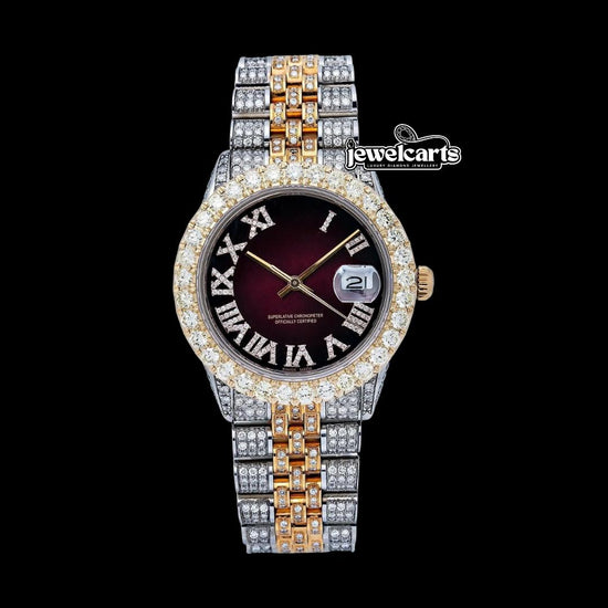 Rolex Datejust Brown Sunburst Roman Dial Two Tone Yellow Gold Jubilee Bracelet Iced Out Moissanite Watch Front View
