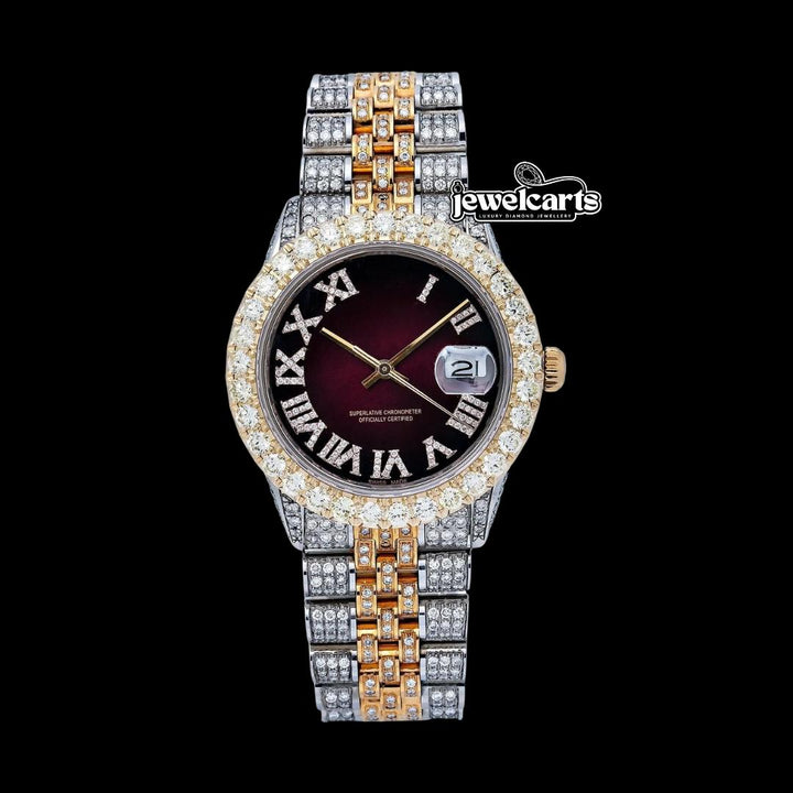 Rolex Datejust Brown Sunburst Roman Dial Two Tone Yellow Gold Jubilee Bracelet Iced Out Moissanite Watch Front View