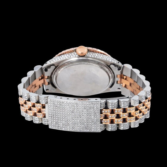 Rolex Datejust Brown Sunburst Roman Diamond Dial Two Tone Jubilee Bracelet Rose Gold Iced Out Moissanite Watch Caseback View