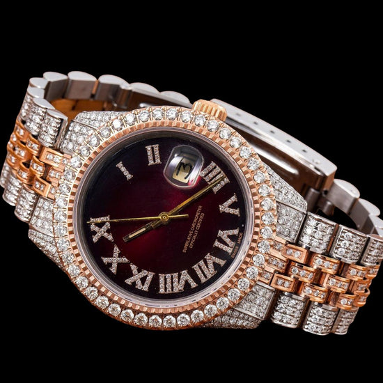 Rolex Datejust Brown Sunburst Roman Diamond Dial Two Tone Jubilee Bracelet Rose Gold Iced Out Moissanite Watch Close Up Front View