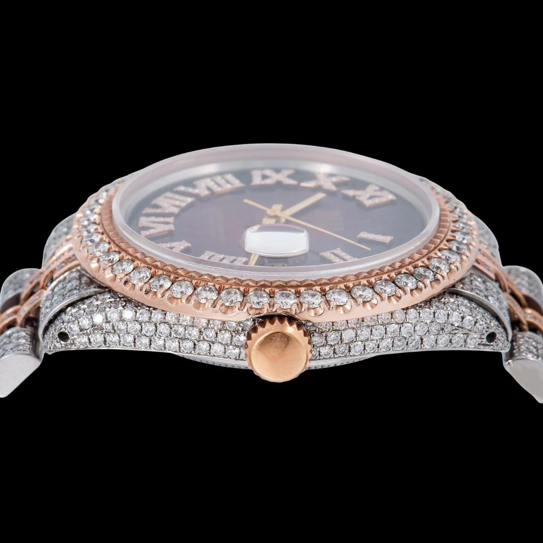 Rolex Datejust Brown Sunburst Roman Diamond Dial Two Tone Jubilee Bracelet Rose Gold Iced Out Moissanite Watch Crown View