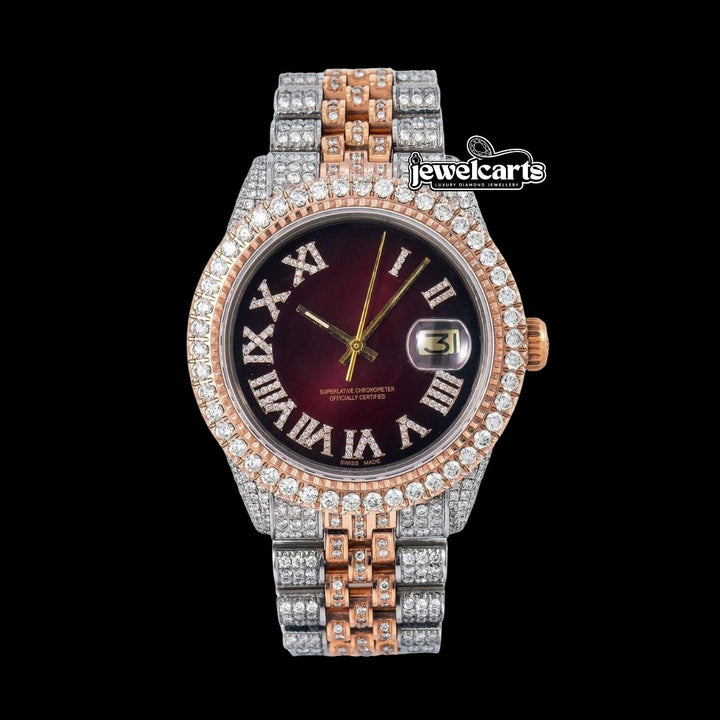 Rolex Datejust Brown Sunburst Roman Diamond Dial Two Tone Jubilee Bracelet Rose Gold Iced Out Moissanite Watch Front View