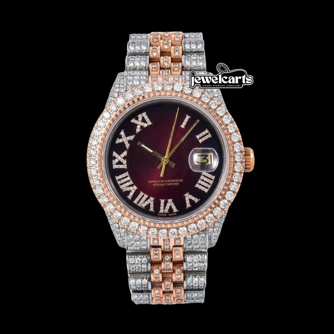 Rolex Datejust Brown Sunburst Roman Diamond Dial Two Tone Jubilee Bracelet Rose Gold Iced Out Moissanite Watch Front View