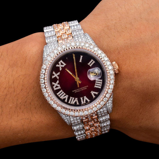 Rolex Datejust Brown Sunburst Roman Diamond Dial Two Tone Jubilee Bracelet Rose Gold Iced Out Moissanite Watch On Wrist View