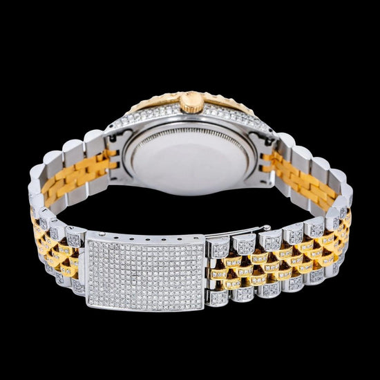 Rolex Datejust Burgundy Dial Diamond Markers Two Tone Jubilee Bracelet Yellow Gold Iced Out Moissanite Watch Caseback View