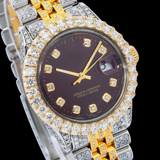 Rolex Datejust Burgundy Dial Diamond Markers Two Tone Jubilee Bracelet Yellow Gold Iced Out Moissanite Watch Close Up Dial View