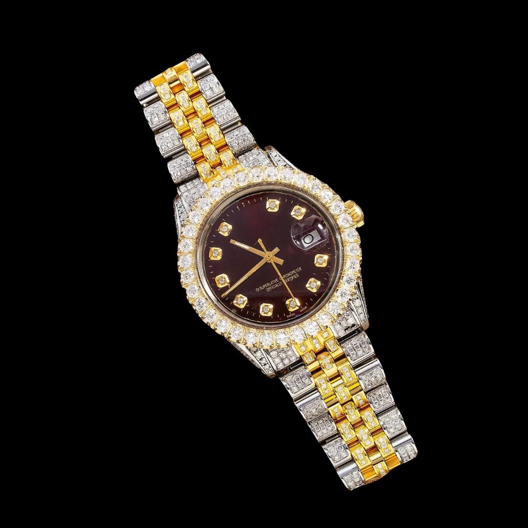 Rolex Datejust Burgundy Dial Diamond Markers Two Tone Jubilee Bracelet Yellow Gold Iced Out Moissanite Watch Close Up Front View