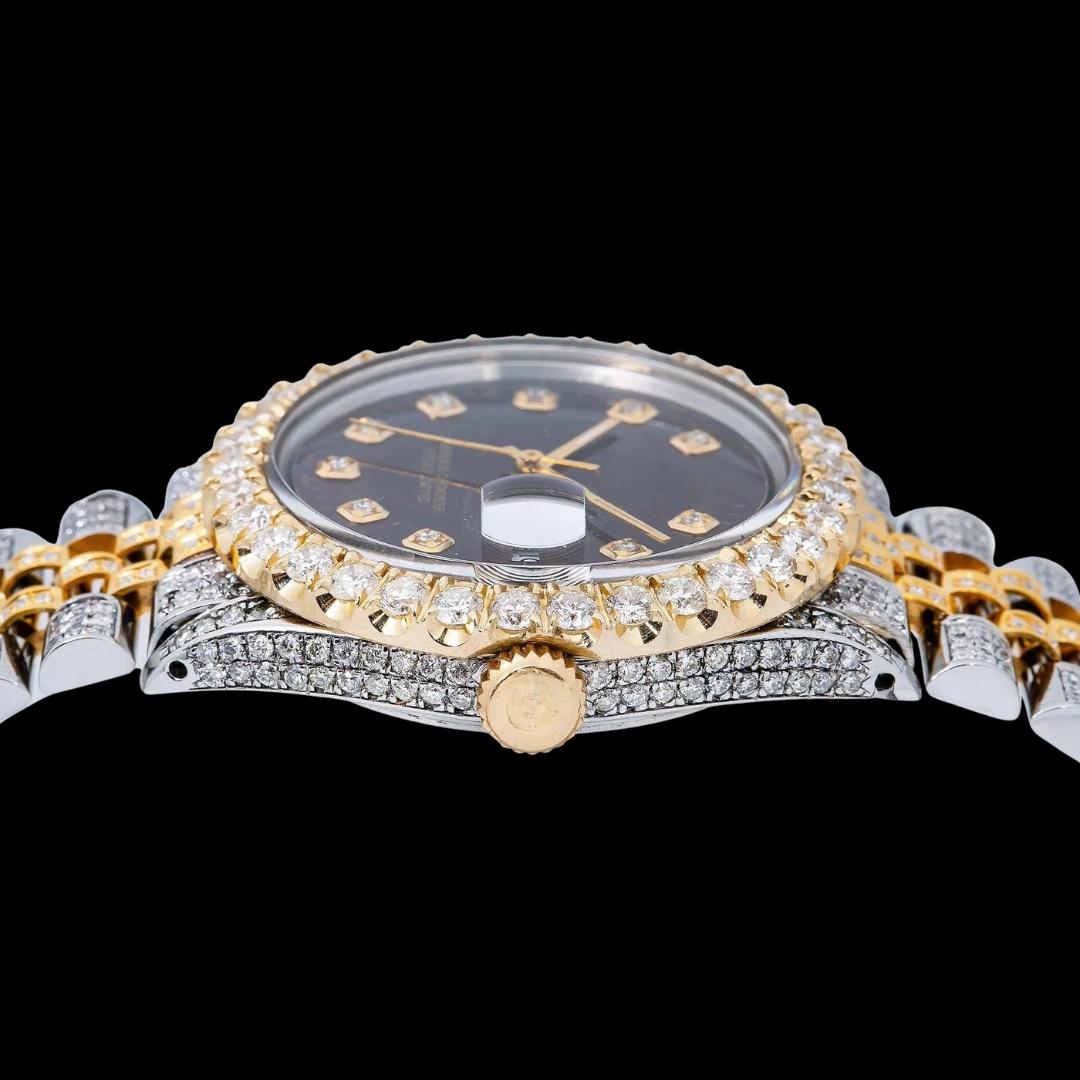Rolex Datejust Burgundy Dial Diamond Markers Two Tone Jubilee Bracelet Yellow Gold Iced Out Moissanite Watch Crown View