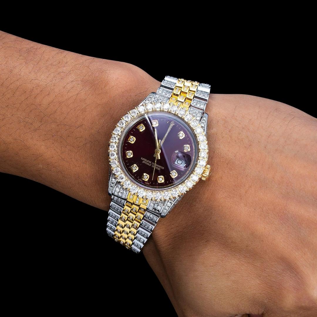 Rolex Datejust Burgundy Dial Diamond Markers Two Tone Jubilee Bracelet Yellow Gold Iced Out Moissanite Watch On Wrist View
