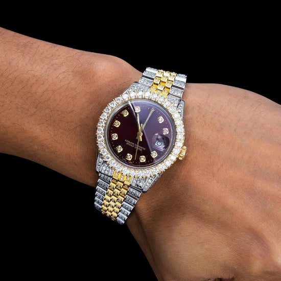 Rolex Datejust Burgundy Dial Diamond Markers Two Tone Jubilee Bracelet Yellow Gold Iced Out Moissanite Watch On Wrist View