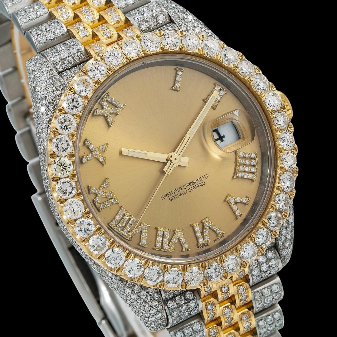 Rolex Datejust Champagne Dial Roman Diamond Numerals Diamond Bezel Two Tone Yellow Gold Jubilee Watch Close Up Dial View