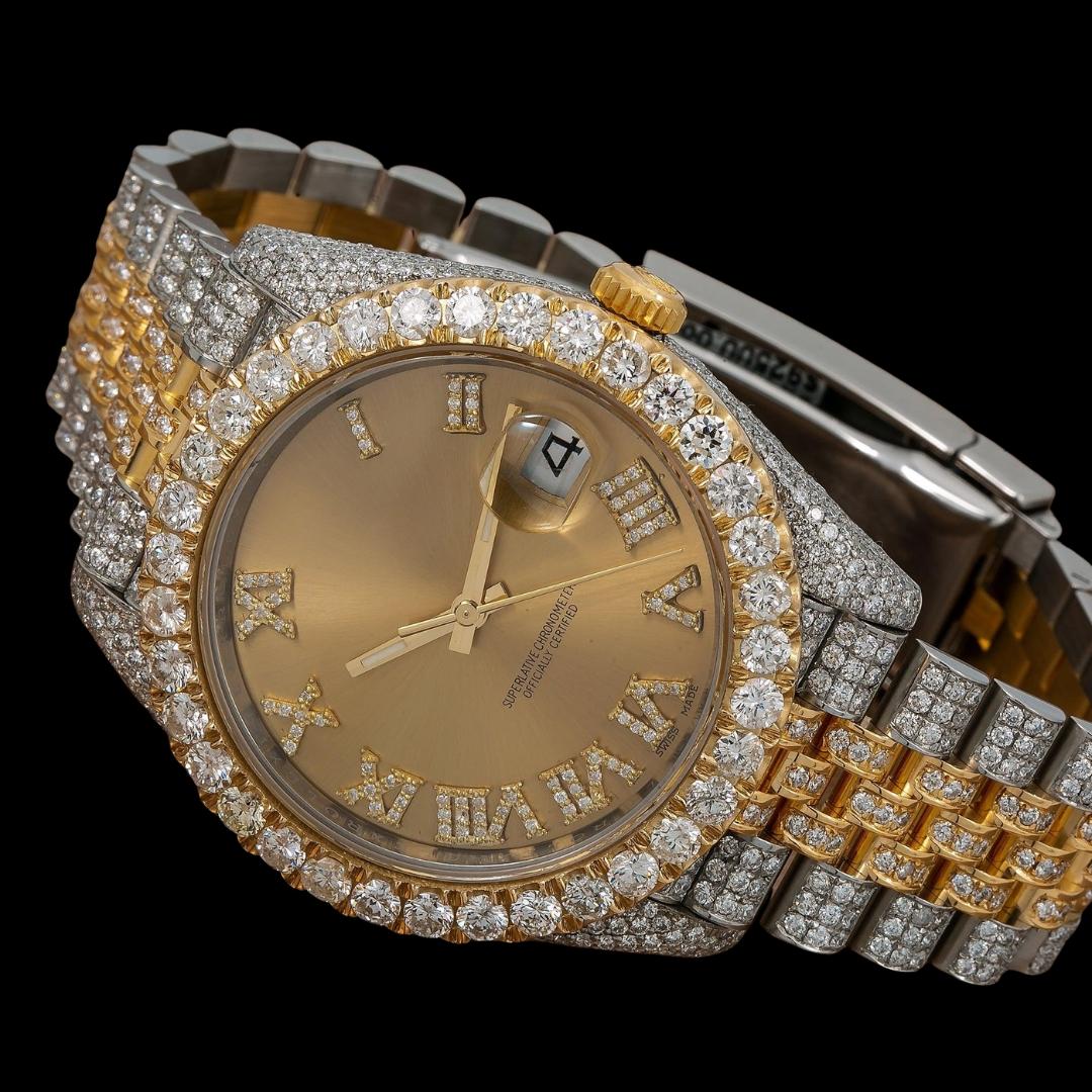 Rolex Datejust Champagne Dial Roman Diamond Numerals Diamond Bezel Two Tone Yellow Gold Jubilee Watch Close Up Front View