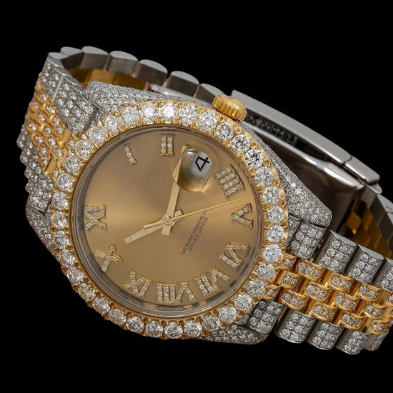 Rolex Datejust Champagne Dial Roman Diamond Numerals Diamond Bezel Two Tone Yellow Gold Jubilee Watch Close Up Front View
