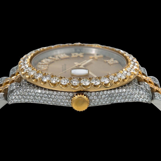Rolex Datejust Champagne Dial Roman Diamond Numerals Diamond Bezel Two Tone Yellow Gold Jubilee Watch Crown View