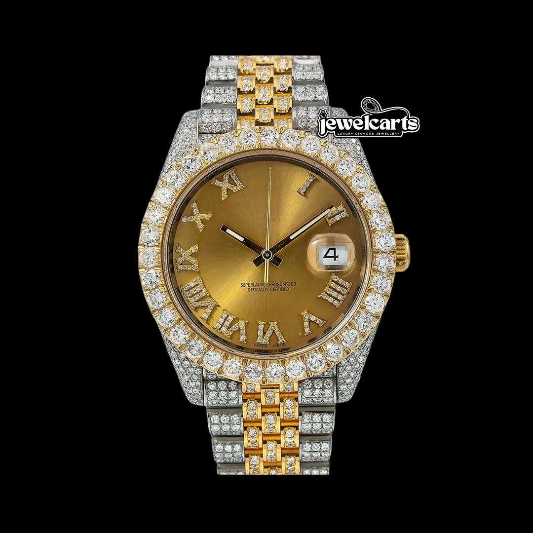 Rolex Datejust Champagne Dial Roman Diamond Numerals Diamond Bezel Two Tone Yellow Gold Jubilee Watch Front View
