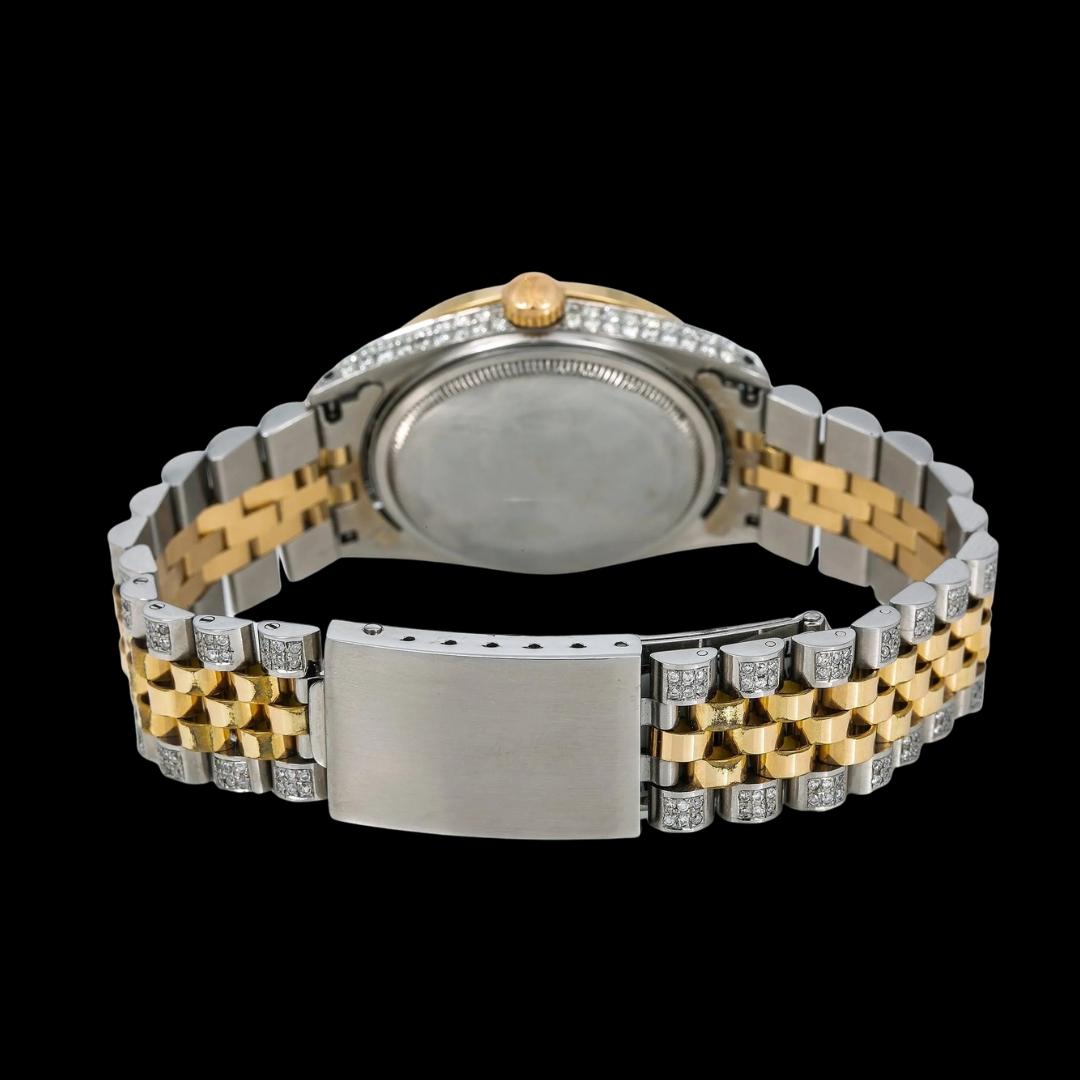 Rolex Datejust Champagne Diamond Dial Jubilee Strap Two Tone Yellow Gold Iced Out Moissanite Watch Caseback View