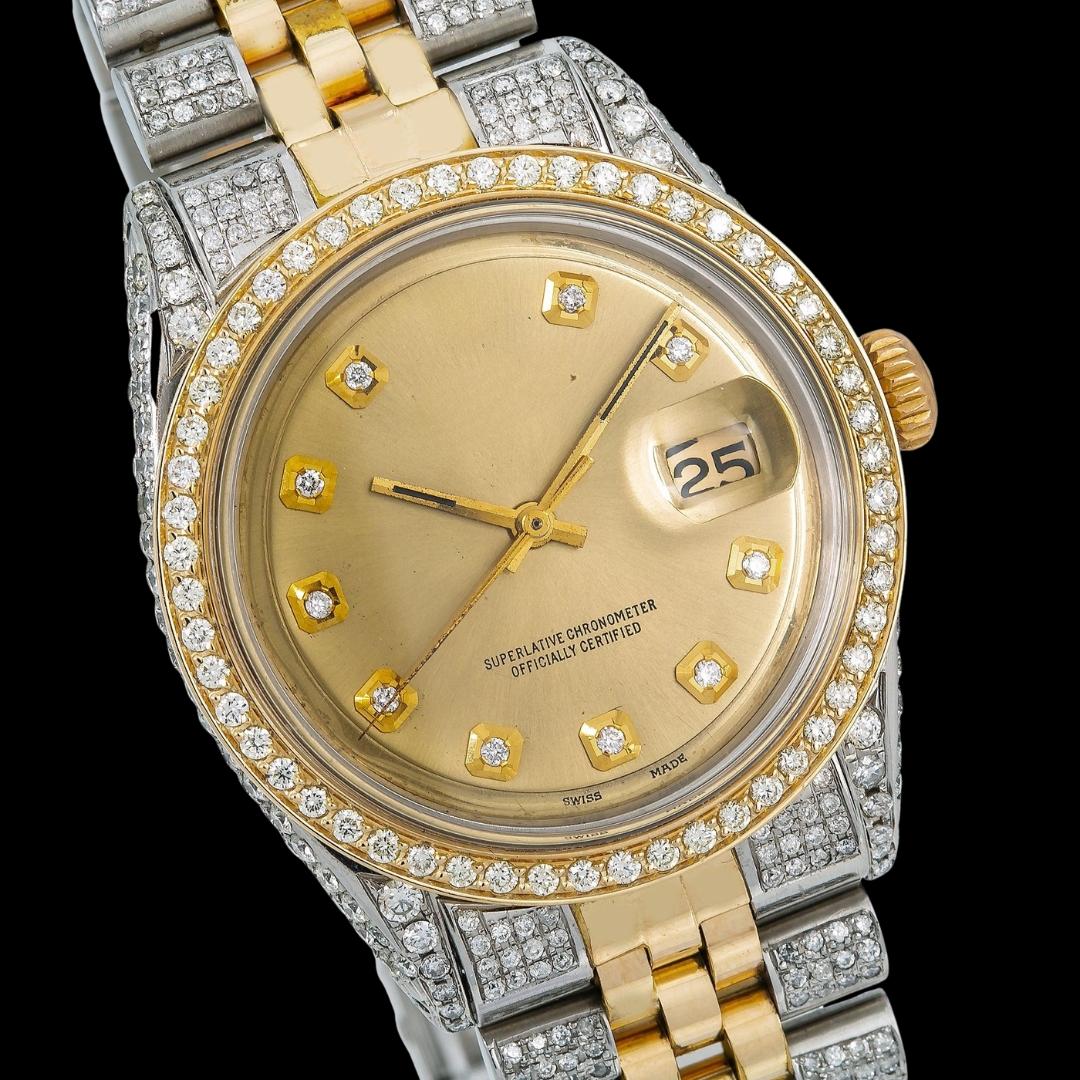 Rolex Datejust Champagne Diamond Dial Jubilee Strap Two Tone Yellow Gold Iced Out Moissanite Watch Close Up Dial View