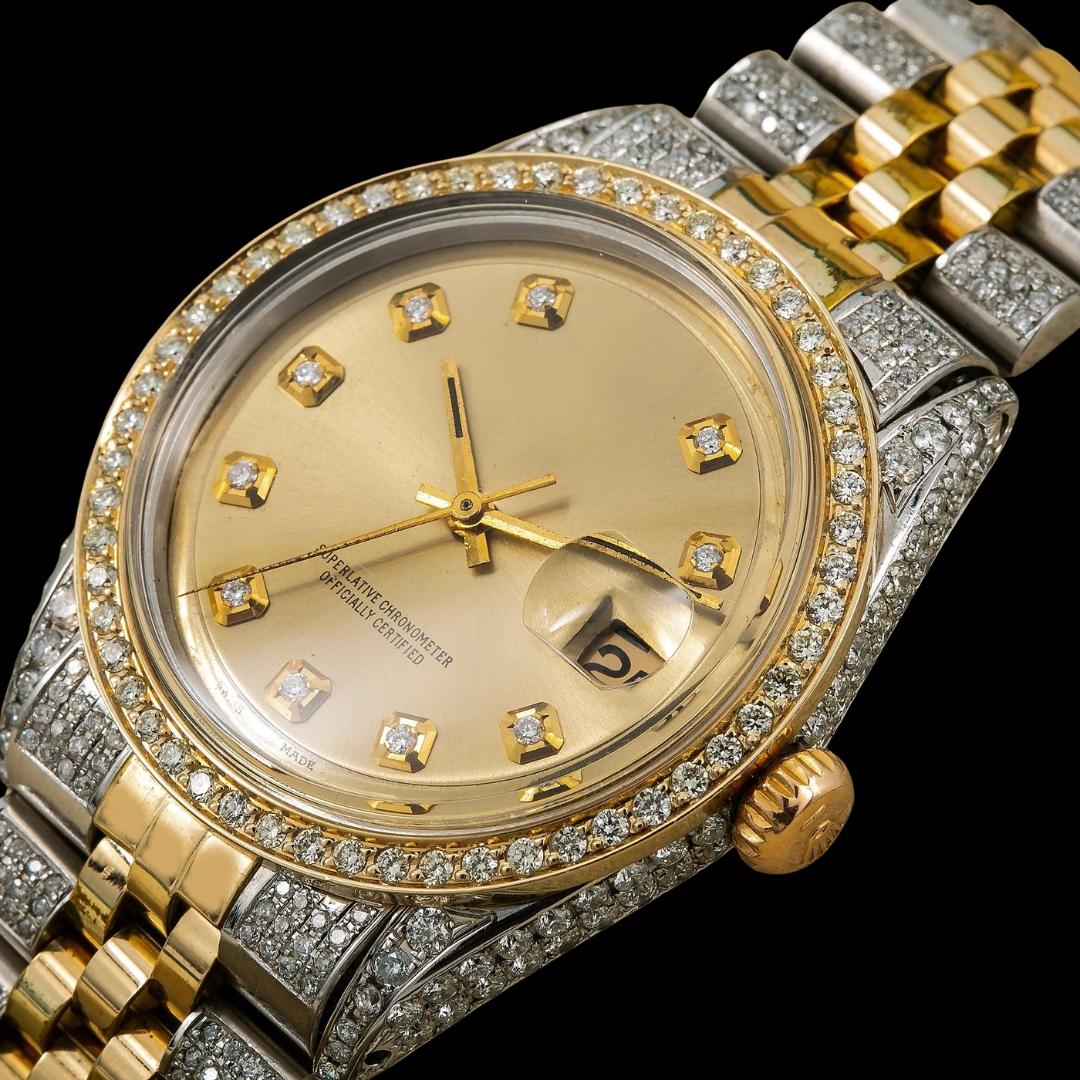 Rolex Datejust Champagne Diamond Dial Jubilee Strap Two Tone Yellow Gold Iced Out Moissanite Watch Close Up Front View