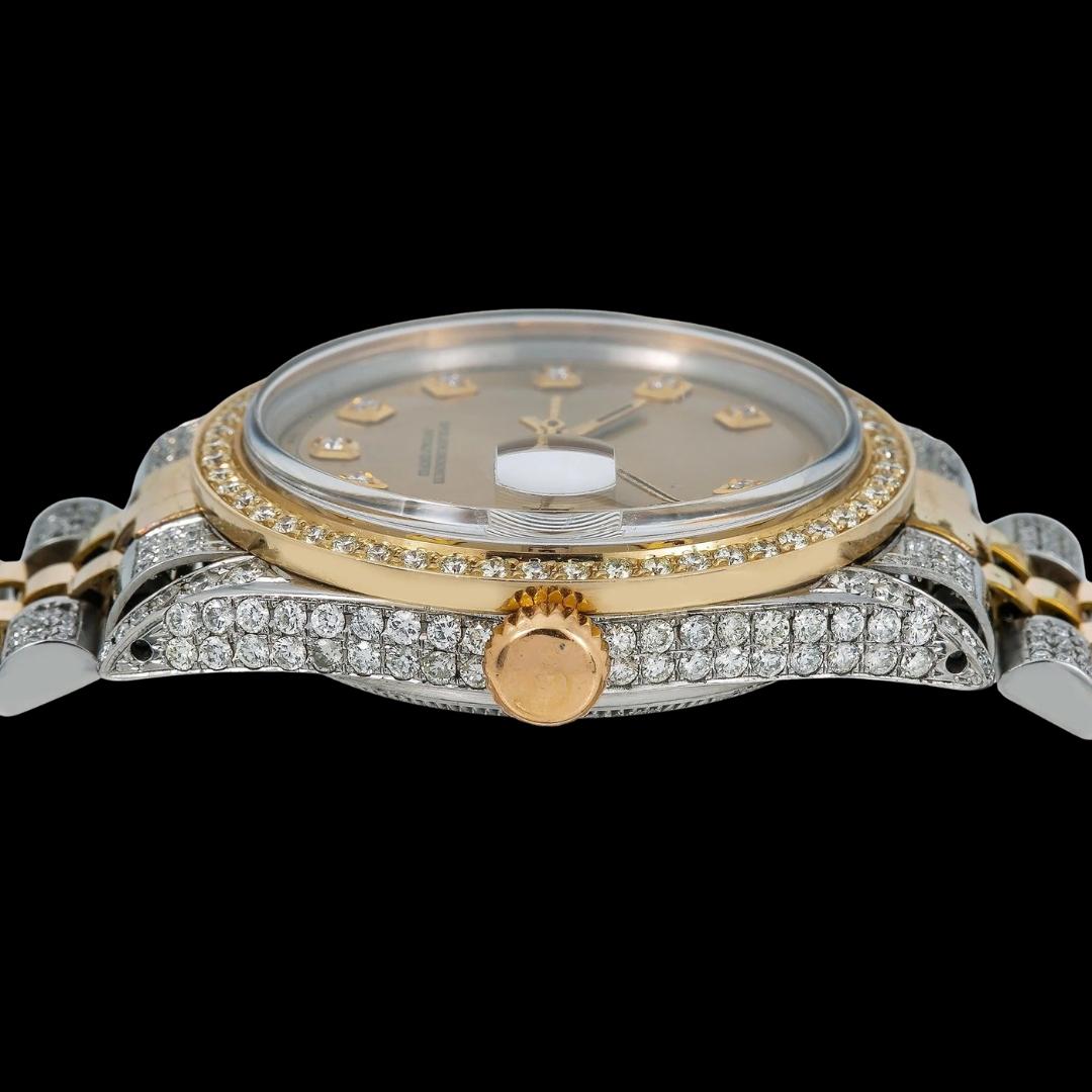 Rolex Datejust Champagne Diamond Dial Jubilee Strap Two Tone Yellow Gold Iced Out Moissanite Watch Crown View