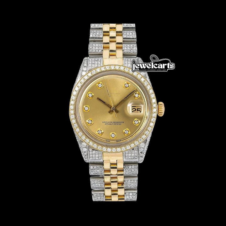 Rolex Datejust Champagne Diamond Dial Jubilee Strap Two Tone Yellow Gold Iced Out Moissanite Watch Front View