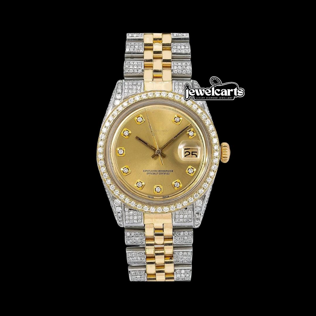 Rolex Datejust Champagne Diamond Dial Jubilee Strap Two Tone Yellow Gold Iced Out Moissanite Watch Front View