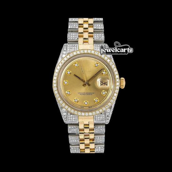 Rolex Datejust Champagne Diamond Dial Jubilee Strap Two Tone Yellow Gold Iced Out Moissanite Watch Front View