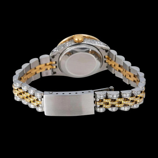 Rolex Datejust Champagne Diamond Dial Two Tone Yellow Gold Jubilee Bracelet Iced Out Moissanite Watch Caseback View