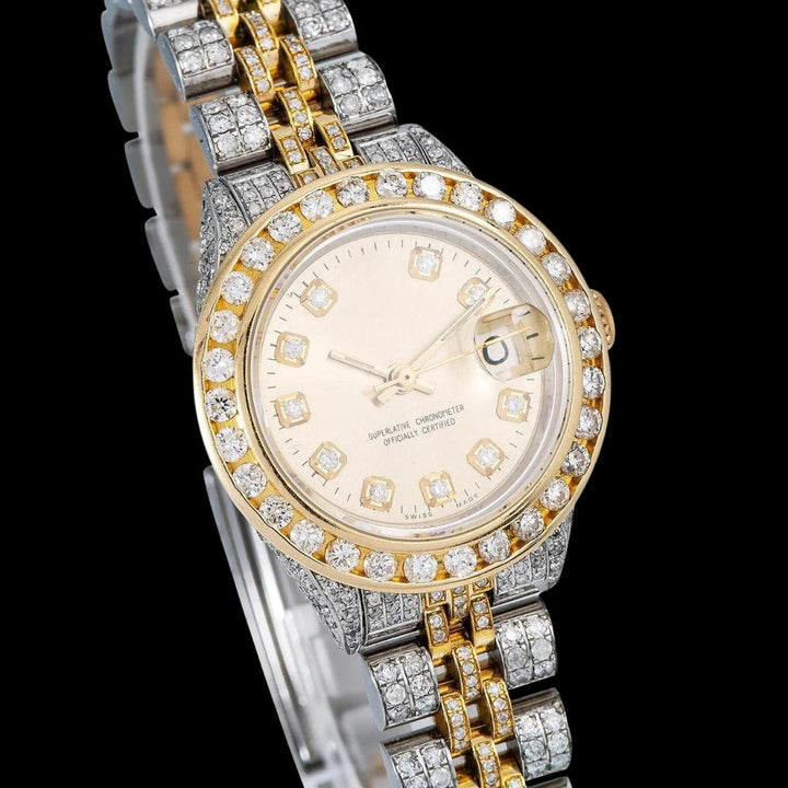 Rolex Datejust Champagne Diamond Dial Two Tone Yellow Gold Jubilee Bracelet Iced Out Moissanite Watch Close Up Dial View