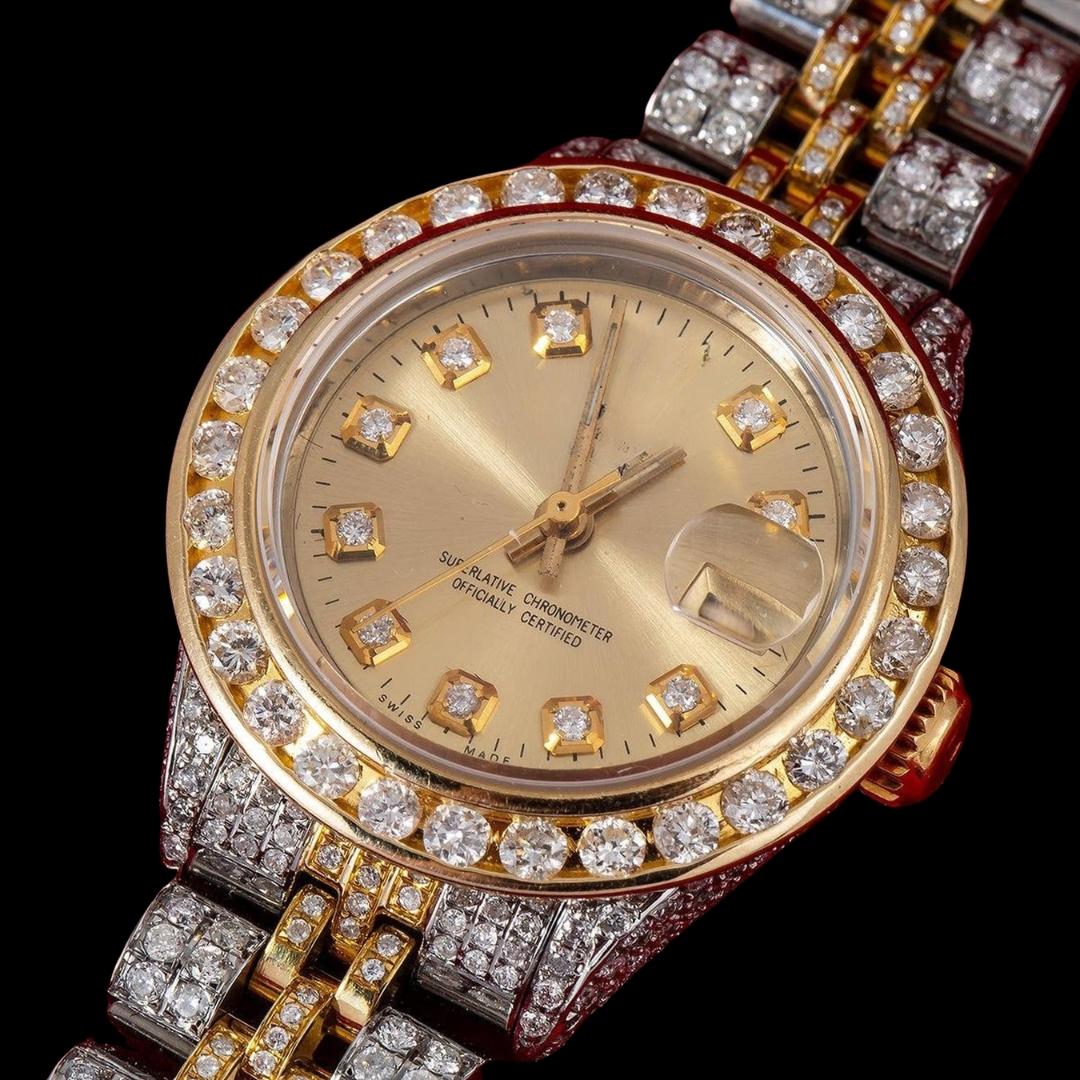 Rolex Datejust Champagne Diamond Dial Two Tone Yellow Gold Jubilee Bracelet Iced Out Moissanite Watch Close Up Diamond Markers View